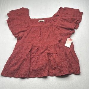 A Beautiful Soul size 2X Rusty Red Smocked Peplum Blouse with Flutter Sleeves